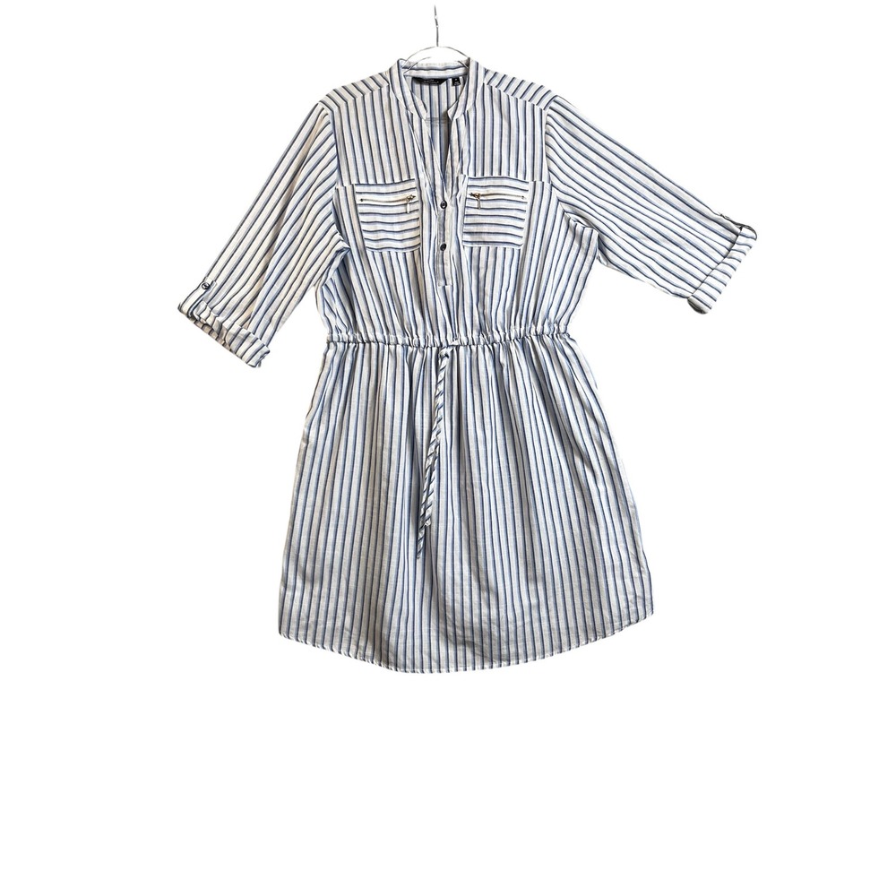 Mlle‎ Gabrielle Blue White Striped Roll-Tab Sleeve Shirtdress Plus Size 2X